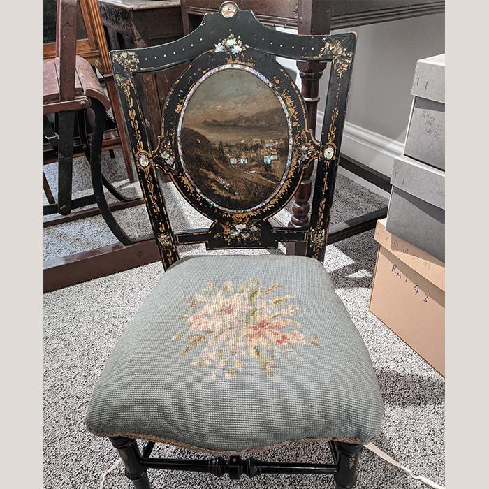 19thC tapestry seat with mother of pear inlay
